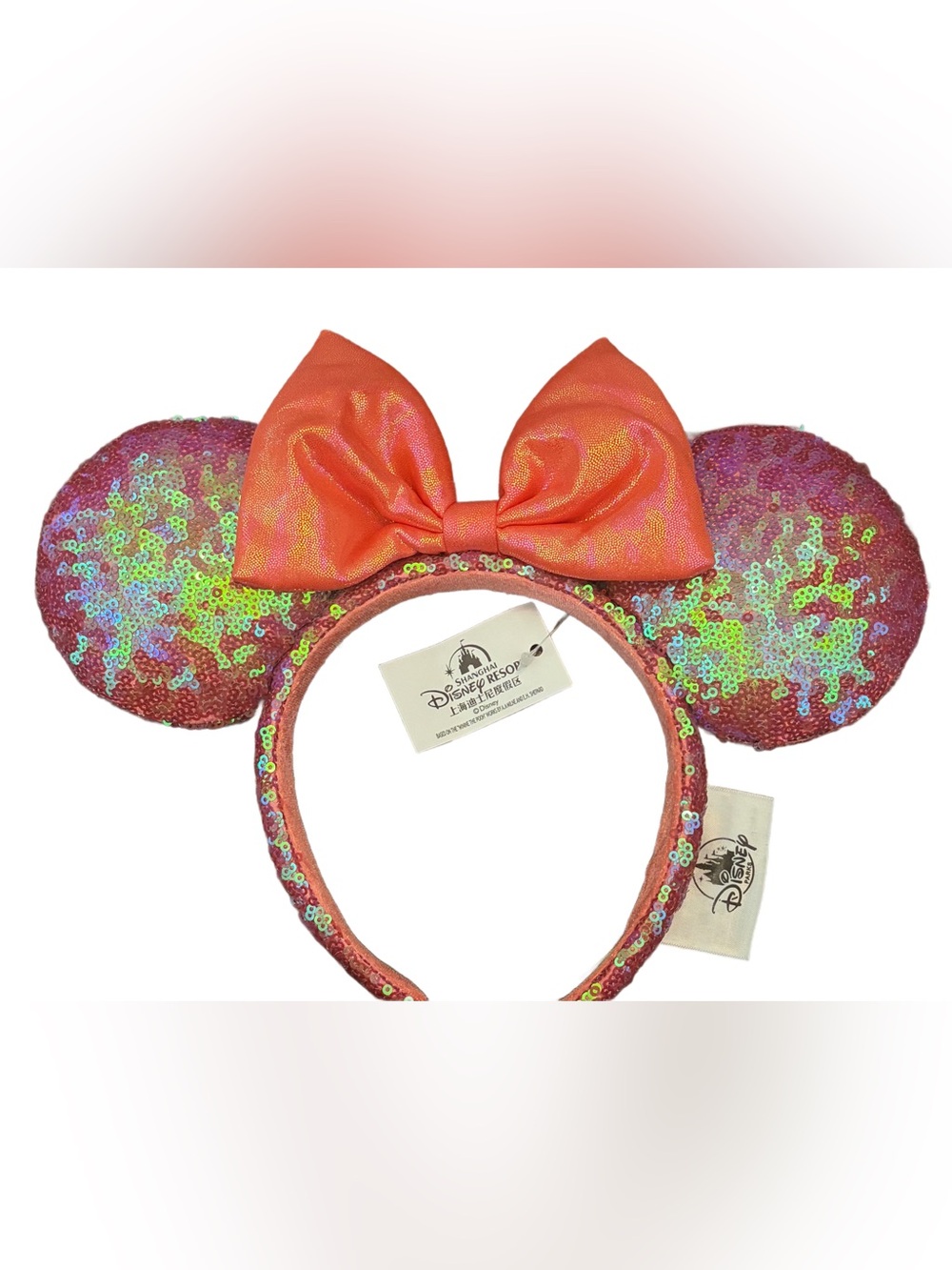 Dark Pink Sequin Minnie Ears Headband with Coral Bow